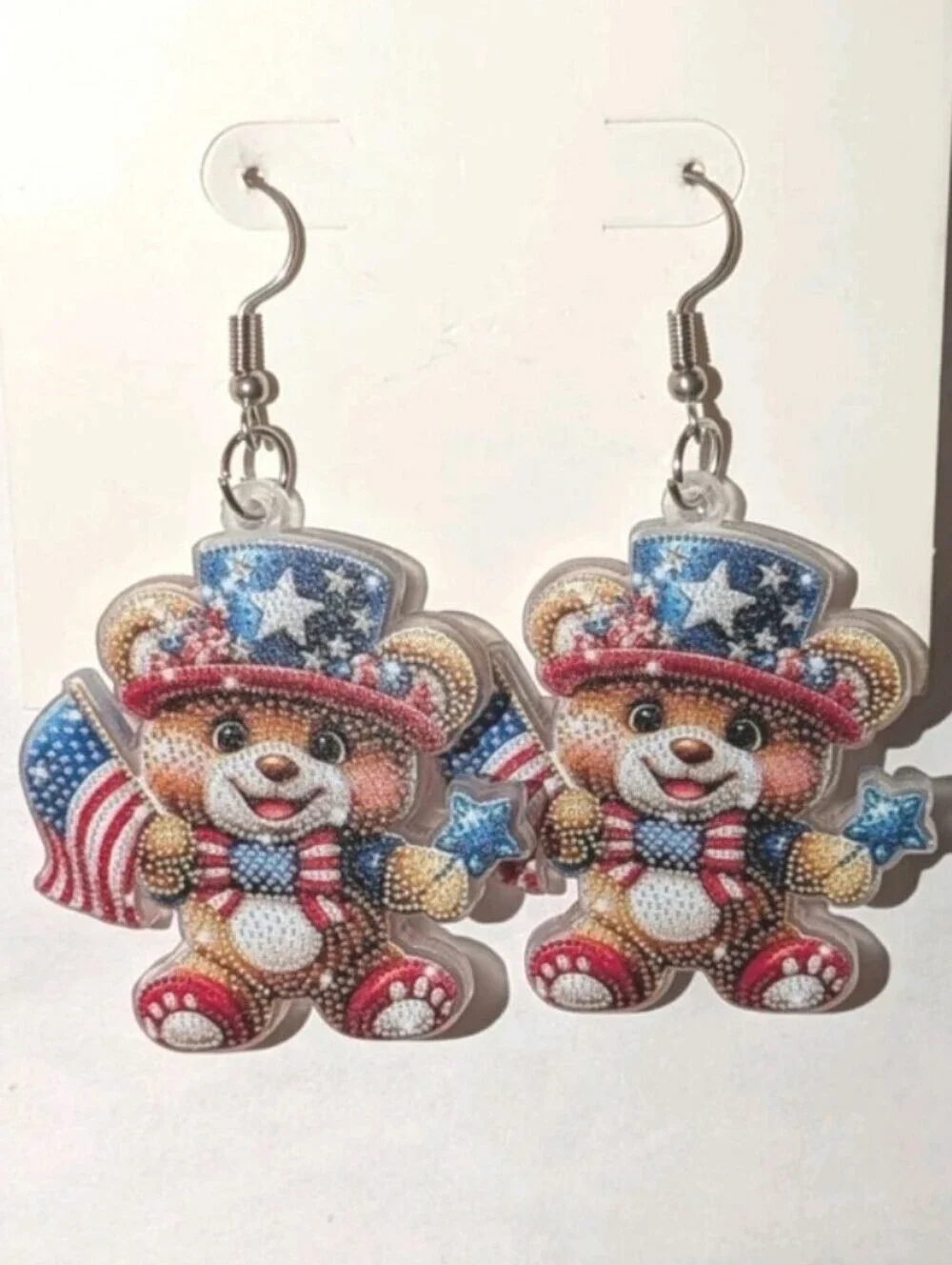 Patriotic Teddy Bear Dangle Earrings - Red White Blue